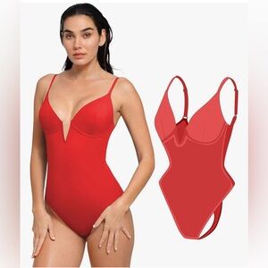 Popilush Red Swimsuit One Piece Deep V Neck Bathing Suit M Tummy Control